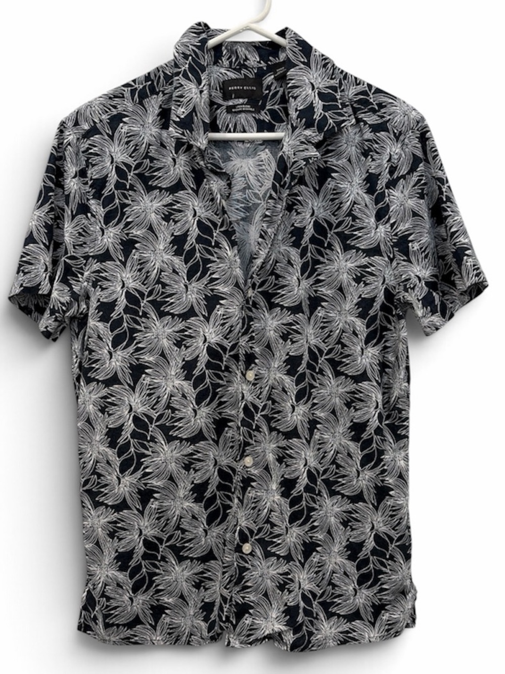 Perry Ellis Black Short-Sleeve Button-Down with White Floral Print